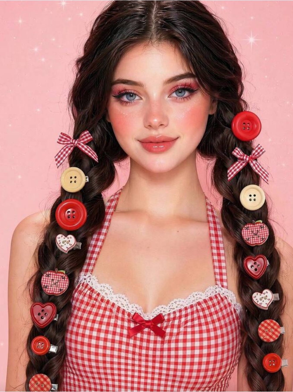 Red Heart & Button Hair Clips Set - Women Accessories
